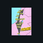Toile Carte Pop Art Illustré Israël<br><div class="desc">Une carte stylisée d'Israël dans un style pop art, avec un contour noir du pays sur un arrière - plan pointillé rose et bleu. La carte est étiquetée avec les grandes villes et les endroits en boîtes jaunes, y compris Jérusalem, Tel Aviv, Beersheba, et Eilat.</div>