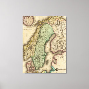 Toile Carte Vintage de la Norvège et de la Suède (1831