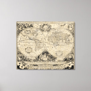 Toile Carte vintage Vieux Monde Beige et Noir