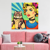 Toile Cartoon Comic Pop Art Femmes tenant un chat (Insitu(Salon))