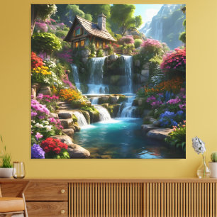 Toile Cascades cabines de montagne paisibles fleurs