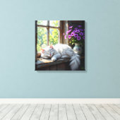 Toile Cat Napping on the Window Sill | Purple Flowers (Insitu (Plancher de Bois))