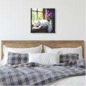 Toile Cat Napping on the Window Sill | Purple Flowers (Insitu(Chambre))