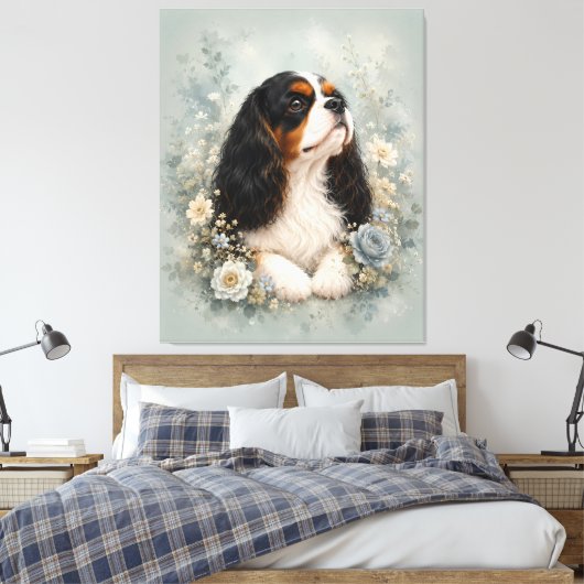 Toile Cavalier King Charles Spaniel with Blue Flowers | (Insitu(Chambre))