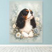 Toile Cavalier King Charles Spaniel with Blue Flowers | (Insitu (Plancher de Bois))
