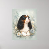 Toile Cavalier King Charles Spaniel with Blue Flowers | (Recto)