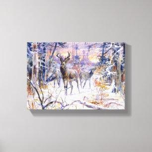 Toile Cerfs dans une forêt enneigée (Saison d'hiver)