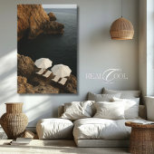 Toile Chaises de plage blanches sur une scène de falaise