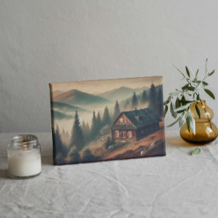 Toile "Chalet de montagne rustique dans le brouillard – 