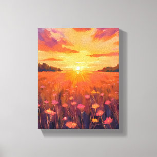 Toile Champ de fleurs aquarelle coucher de soleil à l'he