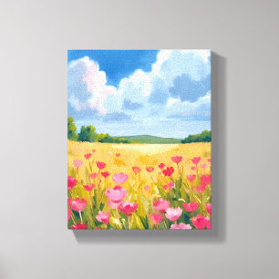 Toile Champ de fleurs sauvages roses, peinture à l'aquar