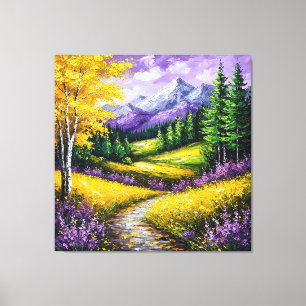 Toile Champs jaunes, fleurs, montagnes enneigées