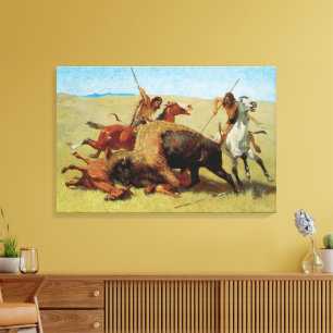 Toile Chasse au bison par Remington, Amérindien vintage