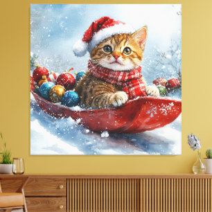 Toile Chat abyssin en traîneau Laissez neige Noël