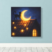 Toile Chat au Clair de Lune sur un Toit Étoilé (Insitu (Plancher de Bois))
