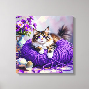 Toile Chat aux yeux violets dans de la laine violette et