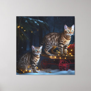 Toile Chat Bengal Décoration de Noël Traîneau enneigé