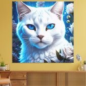 Toile Chat blanc aux yeux bleu clair Floral (Insitu(Salon))