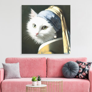 Toile Chat Blanc Avec une Perle à l'Oreille