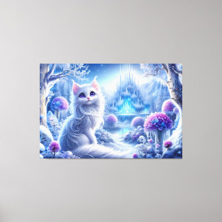Toile Chat blanc élégant dans un royaume magique neigeux