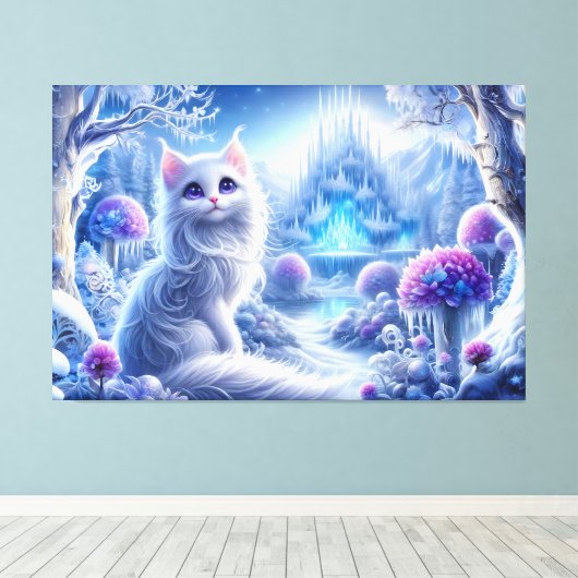 Toile Chat blanc élégant dans un royaume magique neigeux (Insitu (Plancher de Bois))