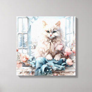 Toile Chat Blanc Fluffé Bleu Oyé Dans Une Fenêtre