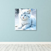 Toile Chat blanc mignon jouant dans la neige (Insitu (Plancher de Bois))