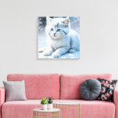Toile Chat blanc mignon jouant dans la neige (Insitu(Salon))