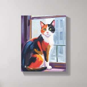 Toile Chat calico   Animal de compagnie sur le rebord de