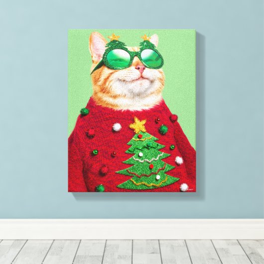 Toile Chat dans un pull de Noël moche (Insitu (Plancher de Bois))
