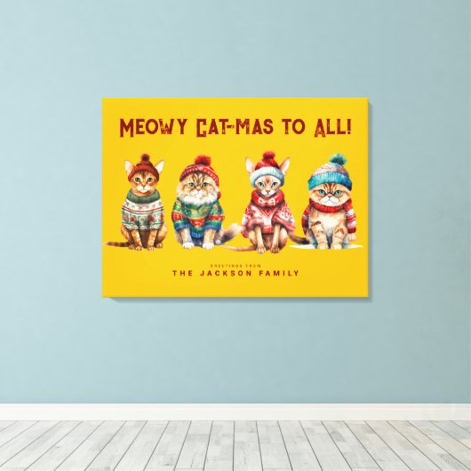 Toile Chat drôle Joyeux Jaune Décor de Noël Salutations (Insitu (Plancher de Bois))