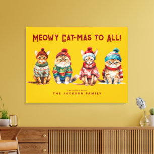 Toile Chat drôle Joyeux Jaune Décor de Noël Salutations