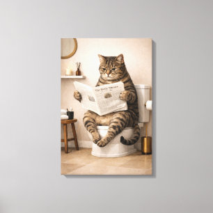 Toile Chat Drôle Lisant un Journal Humour de Salle de Ba