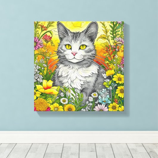 Toile Chat et Fleurs Whimsical (Insitu (Plancher de Bois))