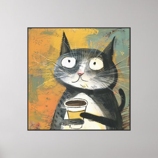 Toile Chat gris avec café sur fond ocre (Recto)
