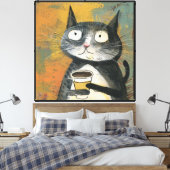 Toile Chat gris avec café sur fond ocre (Insitu(Chambre))