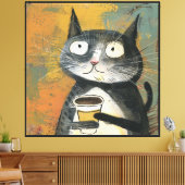 Toile Chat gris avec café sur fond ocre (Insitu(Salon))