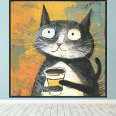 Toile Chat gris avec café sur fond ocre (Insitu (Plancher de Bois))