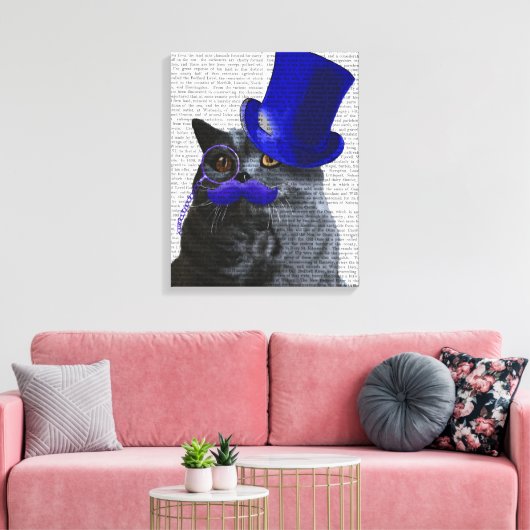 Toile Chat gris avec chapeau bleu et moustache bleue (Insitu(Salon))