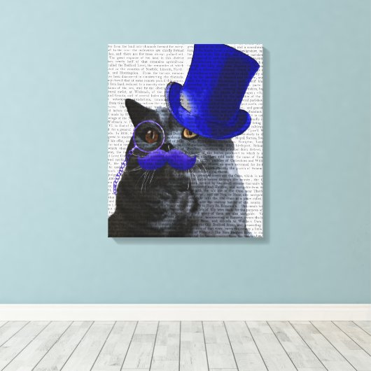 Toile Chat gris avec chapeau bleu et moustache bleue (Insitu (Plancher de Bois))