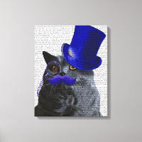 Chat gris avec chapeau bleu et moustache bleue