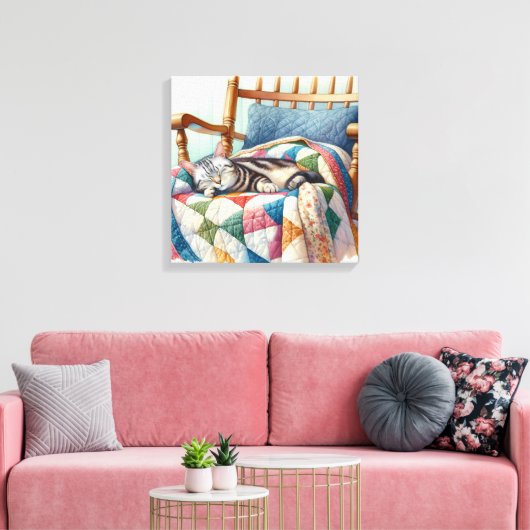 Toile Chat gris doux dormant sur une courtepointe (Insitu(Salon))