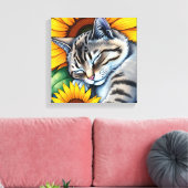 Toile Chat gris mignon dormant avec tournesol (Insitu(Salon))
