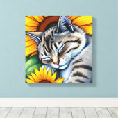 Toile Chat gris mignon dormant avec tournesol (Insitu (Plancher de Bois))