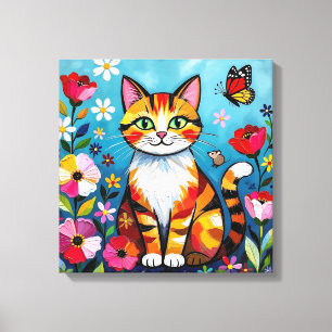 Toile Chat Impasto, Fleurs & Papillon