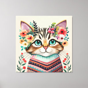 Toile Chat Mignon Aquarelle Florale