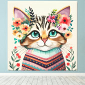 Toile Chat mignon aquarelle florale (Insitu (Plancher de Bois))