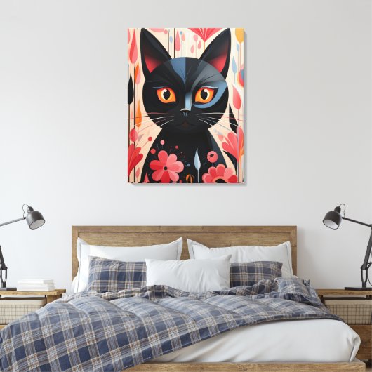 Toile Chat Noir Adorable Avec Fleurs Roses (Insitu(Chambre))