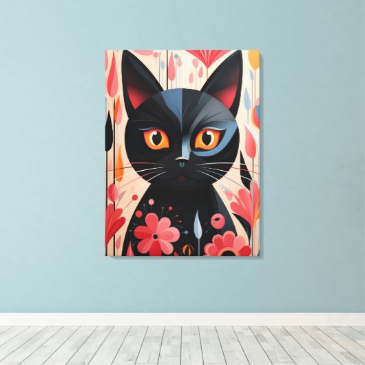 Toile Chat Noir Adorable Avec Fleurs Roses (Insitu (Plancher de Bois))