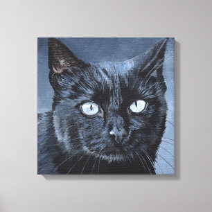 Toile Chat Noir aux Yeux Bleus sur Fond Bleu Foncé